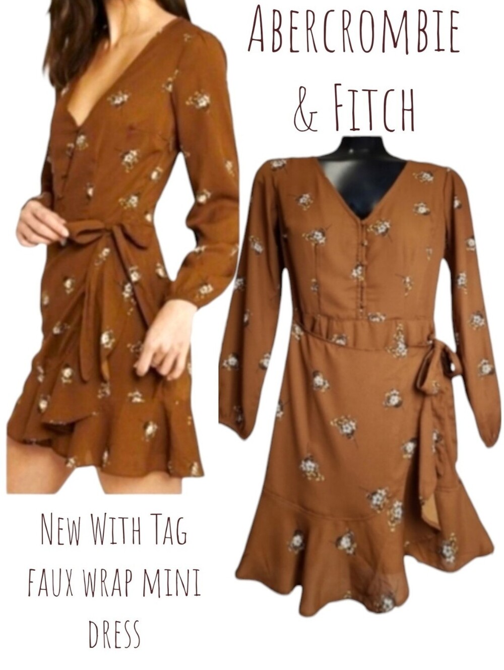 Abercrombie & Fitch Women faux wrap ruffle floral mini dress long-sleeve XSP